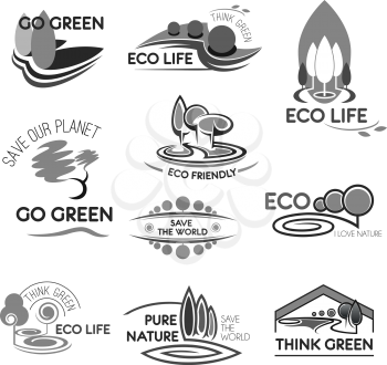 Go green eco life icons for environment and ecology saving and protection company. Park trees or forest and green city for eco planet and nature preservation, planting and gardening. Vector isolated s