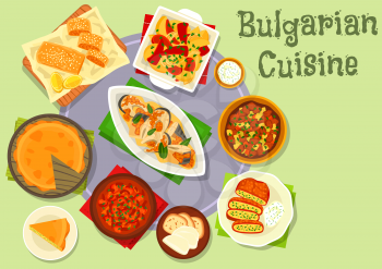 Bulgarian cuisine tasty dinner icon of stuffed pepper with cheese and herbs, tomato paprika sauce, fish baked with tomato, potato onion pie, beef vegetable stew, grilled veggies, sweet lemon pie