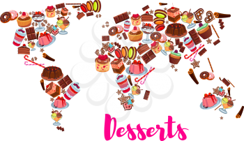 Cake desserts world map. Cake, cupcake, chocolate, fruit cream dessert, donut, cookie, candy, muffin, ice cream, gingerbread biscuit, macaron and berry pudding map silhouette for sweet food design