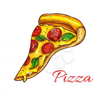 Pizza slice vector icon of fast food or italian pizzeria cuisine. Piece of margherita, napoletana or capricciosa and marinara with mozzarella cheese, pepperoni or salami sausage and oregano or basil
