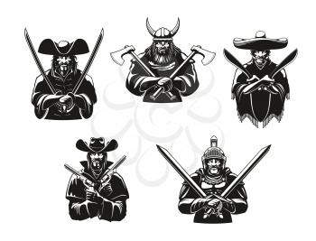 Warriors or soldiers icons of weapon ammunition. Vector ancient viking hatchet axes, filibuster musketeer pistols, mexican bandit machete sabers, western bandit guns, knight guard armor and swords