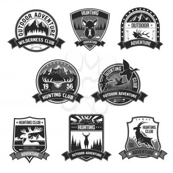 Hunting club icons. Hunter adventure sport badges set with symbols of wild hunt animals forest boar aper, deer or elk, ducks and mountain goat. Vector ribbons with guns, riffles and crossbow
