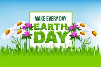 Earth Day floral cartoon poster. Green grass letters in square frame on spring meadow with flowers of daisy, clover and blue sky for save earth banner, ecology and nature protection themes design