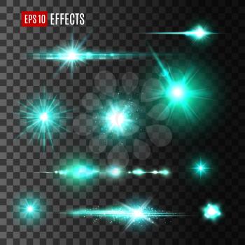 Light effect of shining star or sun with lens flare on transparent background. Glittering beam with bright sparkles and neon shine of green flash light set for festive party invitation or art design