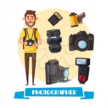 Photographer profession cartoon icon. Young man with digital camera and professional photo equipment such as lens, flash, photo film roll and memory card. Creative occupation, photojournalist design