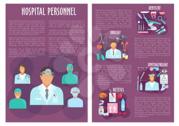 Medical personnel of dentistry, urology, ophthalmology and dietetics hospital departments brochure. Dentist, urologist, ophthalmologist, dietitian doctor with medical tool, syringe, pill, tooth, eye