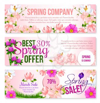 Spring Sale vector floral banners set for springtime holiday discount offer and shopping promotion. Design of blooming crocuses, pink orchid blossoms and clover flowers on green grass