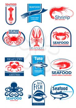 Seafood and fish symbol set. Lobster, crab, shrimp, salmon, tuna, octopus, squid and flounder fresh fish emblem for fish market label, seafood restaurant menu card or food packaging design