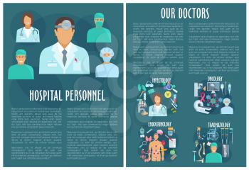 Oncology, traumatology, infectology and endocrinology hospital department medical personnel brochure template. Doctor with pills, syringe, heart, brain, thermometer, blood, bone, joint, x-ray and MRI