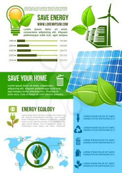 Energy and ecology conservation vector infographics with graph and chart elements on green and solar energy sources. Share and percent statistics on nature save, recycling and consumption in world map