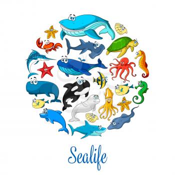 Sealife poster of sea dolphin, whale and shark, seal, starfish and seahorse, stingray and turtle. Vector ocean animals squid and jellyfish, clown fish or flounder, lobster crab and octopus