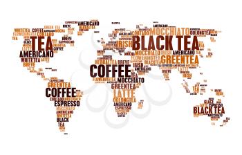 Coffee and tea or hot drinks cloud tags words in world map. Word cloudtags concept of espresso or americano, hot chocolate, cappuccino or irish coffee, breve latte moka and mocha frappe or mocchiato