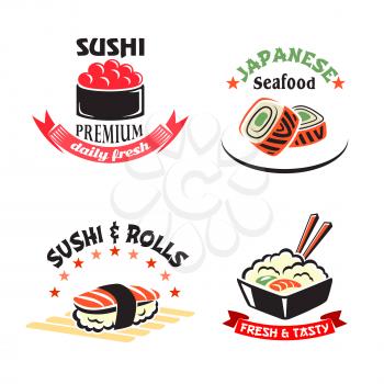 Sushi bar and Japanese seafood restaurant template icons set. Vector isolated symbols of sushi rolls with shrimp, tempura roll and caviar, sashimi and steamed rice for oriental fish and sea food cuisi