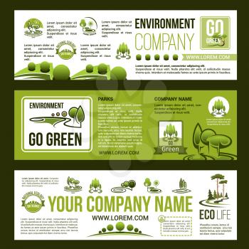 Environment and gardening company banners set. Green parks or gardens landscaping design and horticulture planting service vector templates for outdoor nature and ecology protection concept