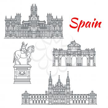 Spain architecture and Spanish famous landmark buildings. Vector isolated icons and facades of Cybele Palace, Almudena Cathedral, Alcala Gate and Philip 3 statue