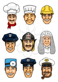 Profession set. Doctor and cook, policeman and fireman, builder, judge snf police officer, taxi driver and sea captain cartoon icon for professional occupation design