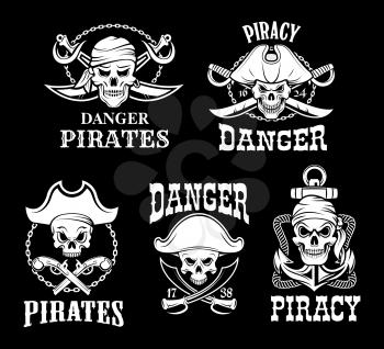 Jolly Roger pirate vector icons on black flag background. Piracy symbols of skeleton skull in tricorn or tricorne captain sailor hat and crossed bones, swords or sabers, ship chains and anchor ropes