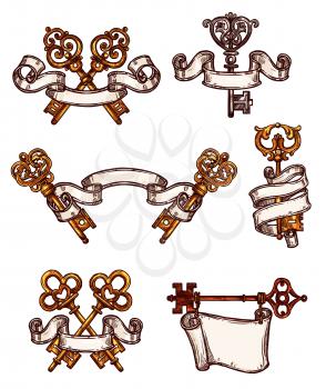 Vintage heraldic keys sketch icons tied with ribbons. Vector symbols of old brass or castle bronze ornate or flourish forges lock keys with antique or medieval royal design