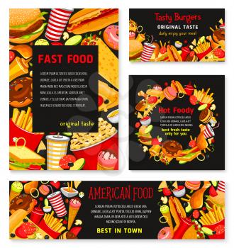 Fast food vector banners and posters set for fastfood restaurant. Templates set of pizza, burgers and sandwiches meal, popcorn and french fries snacks or ice cream and donut desserts, soda or coffee d