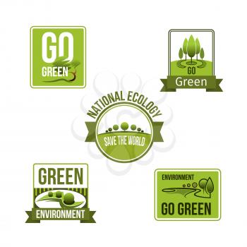 Go green and ecology environment vector icons set. Isolated symbols of nature park and woodland trees for planet protection and ecosystem conservation and protection from pollution