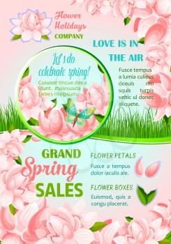 Spring holidays flower festive poster. Pink flowers of peony and lotus frame with butterfly and spring grass border. Springtime sale floral banner and Hello Spring greeting card design