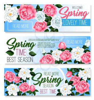 Springtime seasonal greeting banners set with spring flowers and flourish bunches. Vector garden roses bouquets and blooming floral wreath for seasonal spring quotes and wishes