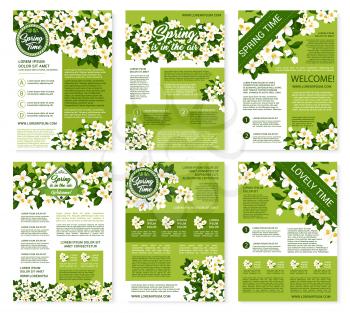 Springtime greetings design on vector posters or brochures templates set. Welcome Spring wishes and quotes for spring holidays with blooming white crocuses or lily flowers and daisy blossoms