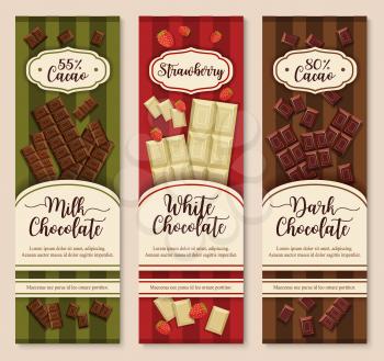 Chocolate packaging vector design set for black, white and dark chocolate bars with cacao percentage. Banners or chocolates bars and pieces with strawberry filling for cafe or confectionery