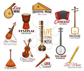 Live music festival vector icons. Concert fest isolated labels of musical instruments accordion harmonica, balalaika and flute or pipe, fiddle violin or contrabass, string guitar banjo and biwa koto