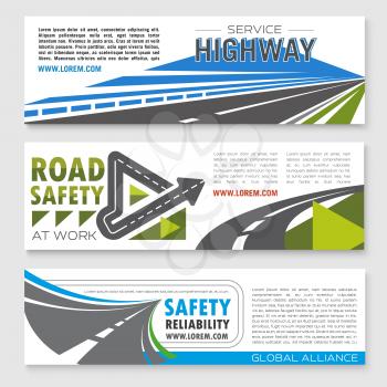 Road safety service banners set for highway reliability construction or development investment company. Symbols of highway routes and bridges or motorway tunnels elements and symbols of road journey