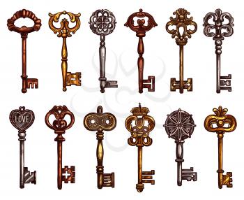 Isolated vintage keys vector sketch icons. Heraldic old brass or metal bronze forged lock keys from antique or medieval royal castle or fortress doors and gates with ornate or flourish bows and wards