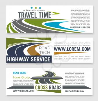 Road travel and highway service banner template set. Crossroad, speedy freeway and coastal road symbols for travel agency web banner, car trip, summer vacation and tourism design