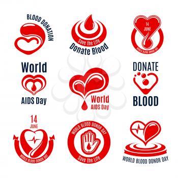 Blood donation icon set. Red heart with drop of blood and heartbeat line, support hand with ribbon banner isolated symbol for health care, Blood Donor Day and World AIDS Day themes design