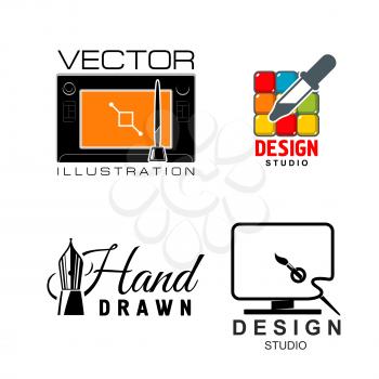 Designer studio vector icons for graphic design and illustration school. Art production agency or designer service company symbols of artist palette and paint brushes, drawing tablet pen or computer m