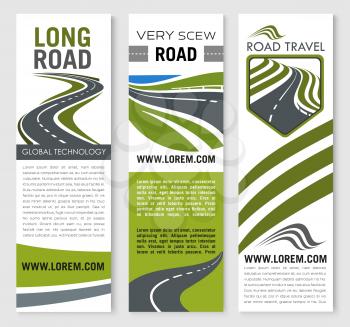 Road travel vector banners set for tourist or transportation company. Design of highways and motorways path for road building technology and transport journey trip