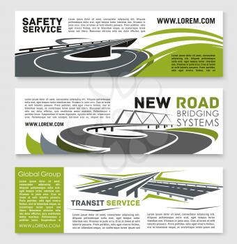 Road safety and construction technology service vector banners set for highway bridge and motorway tunnels building and transportation repair company. Design with bridging and tunneling systems