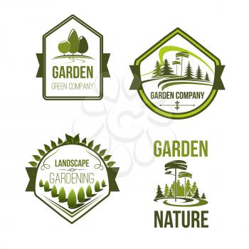 Landscape and gardening company icons set. Vector outdoor nature and woodlands landscape of village or urban city park trees. Garden landscaping design and greenery planting association labels