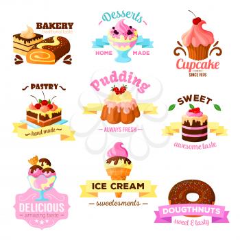 Desserts and pastry cakes or tortes icons set for patisserie or sweet bakery and cafeteria menu elements. Vector isolated cupcakes, tiramisu biscuits, chocolate donut, cheesecake brownie pie and ice c