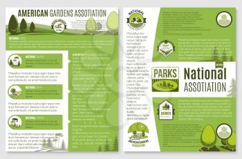 Landscape and gardening company or organization brochure vector template for green ecology national association. Nature and woodlands landscape of village or urban city park trees and gardens