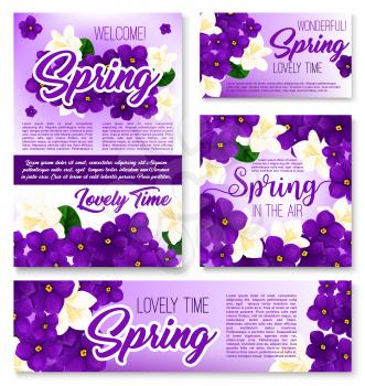 Spring season purple flower banner template set. Floral frame border and bunch of blooming crocus, violet and jasmine flowers, green branch and leaf for springtime greeting card, poster design
