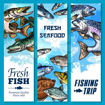 Fishing trip vector banners sketch set. Fisherman big catch of fresh sea food and fish salmon, herring or trout and bream, tuna or pike and sheatfish, flounder, marlin and crucian carp or perch