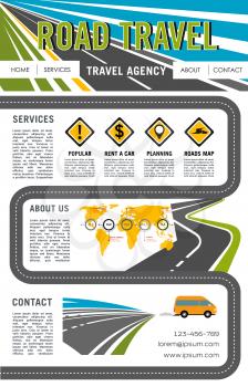 Road travel company vector landing page or web site layout template with navigation buttons. Tourist trip tour or journey service design for car rent and travel destinations with world map