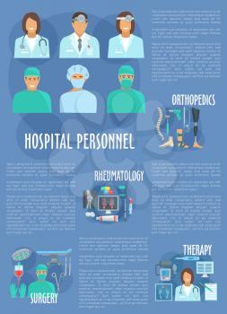 Hospital personnel of therapy, orthopedics, rheumatology and surgery doctors. Vector medical and healthcare medicines of pills, spine and foot joint, x-ray or syringe, stethoscope, thermometer and sca