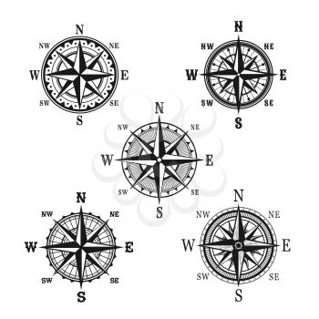 Navigation marine compass or Wind Rose vector icons. Isolated symbols set of nautical retro navigator compass with winds names of East, West, North and South arrows for ship travel design