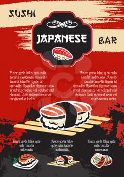 Sushi bar vector poster for Japanese seafood restaurant menu. Design of sushi and rolls with salmon fish slice tempura prawn and rolls with shrimps, steamed rice and noodles or miso soup for sea food 
