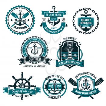 Nautical icons and symbols set. Vector isolated heraldic seafarer ship helm and anchor, lighthouse or life buoy with crossed paddles, captain or sailor navigator compass and voyager trident on chains