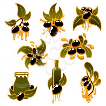 Olive oil and olives vector icons set. Isolated symbols of fresh black olives on branches with dripping extra virgin oil drops, product bottles and jars. Design for natural organic cuisine and healthy