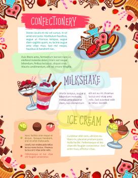 Bakery desserts and confectionery sweets vector poster with pastry cakes, milkshake drink and chocolate tiramisu pie or brownie, charlotte pudding torte and gingerbread cookies or wafer biscuits for p