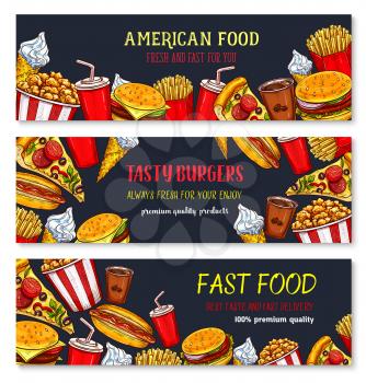 Fast food vector banners set of burgers, pizza or hot dogs and donuts. Fastfood restaurant french fries snacks and chicken grill nuggets or wings, cheeseburger burger sandwich and ice cream dessert