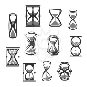 Hourglass isolated icon set. Sandglass, sand clock, watch or timer grey silhouettes, vintage time measurement instruments for time or countdown concept design